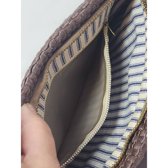 Woven Brown‎ Clutch Pouch With Zipper & Drawstring Detail Striped Fabric Lining - Picture 4 of 7